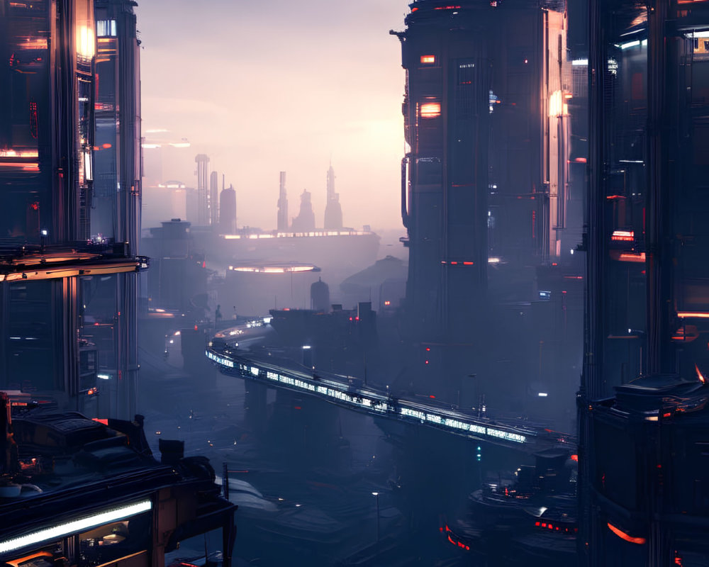 Twilight futuristic cityscape with towering skyscrapers and rail system