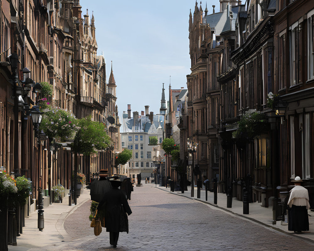 Historic European street scene with ornate buildings, cobblestone pavement, street lamps, and lone