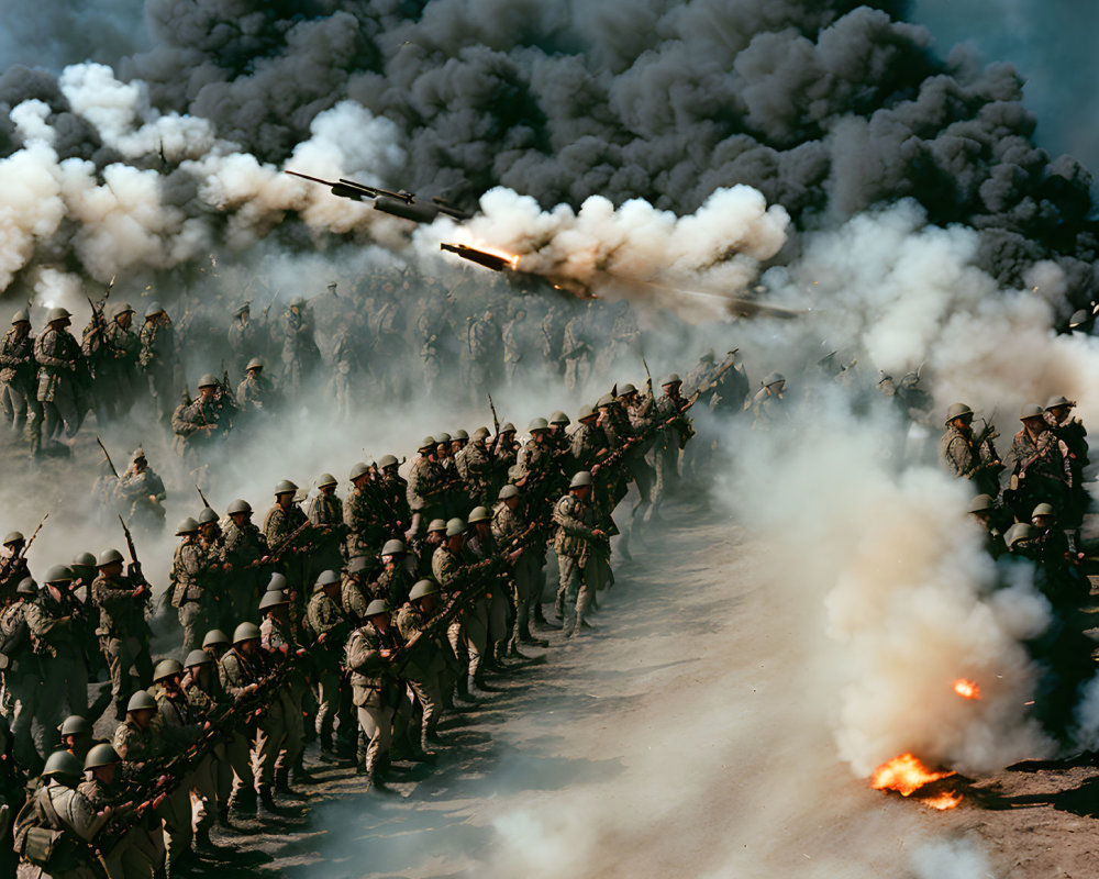 Tank firing shell with soldiers marching in smoky background