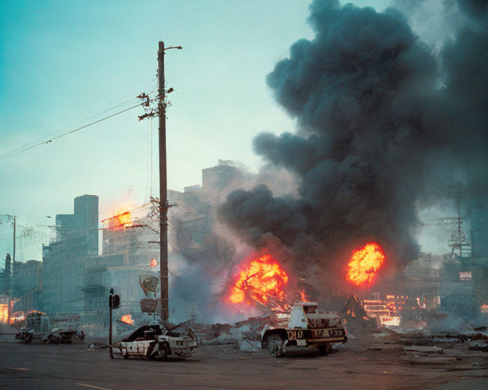 Intense building fire with thick black smoke and emergency vehicles in foreground