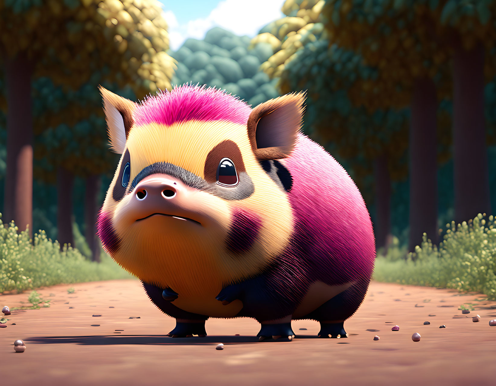 Cartoon piglet with large eyes in vibrant pink and yellow hues on forest path