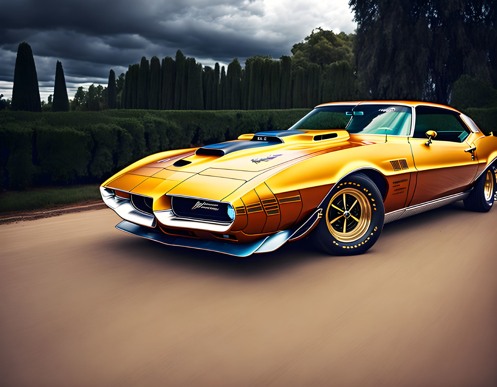 Yellow and Black Corvette with Chrome Accents and Sporty Stripes on Road with Greenery