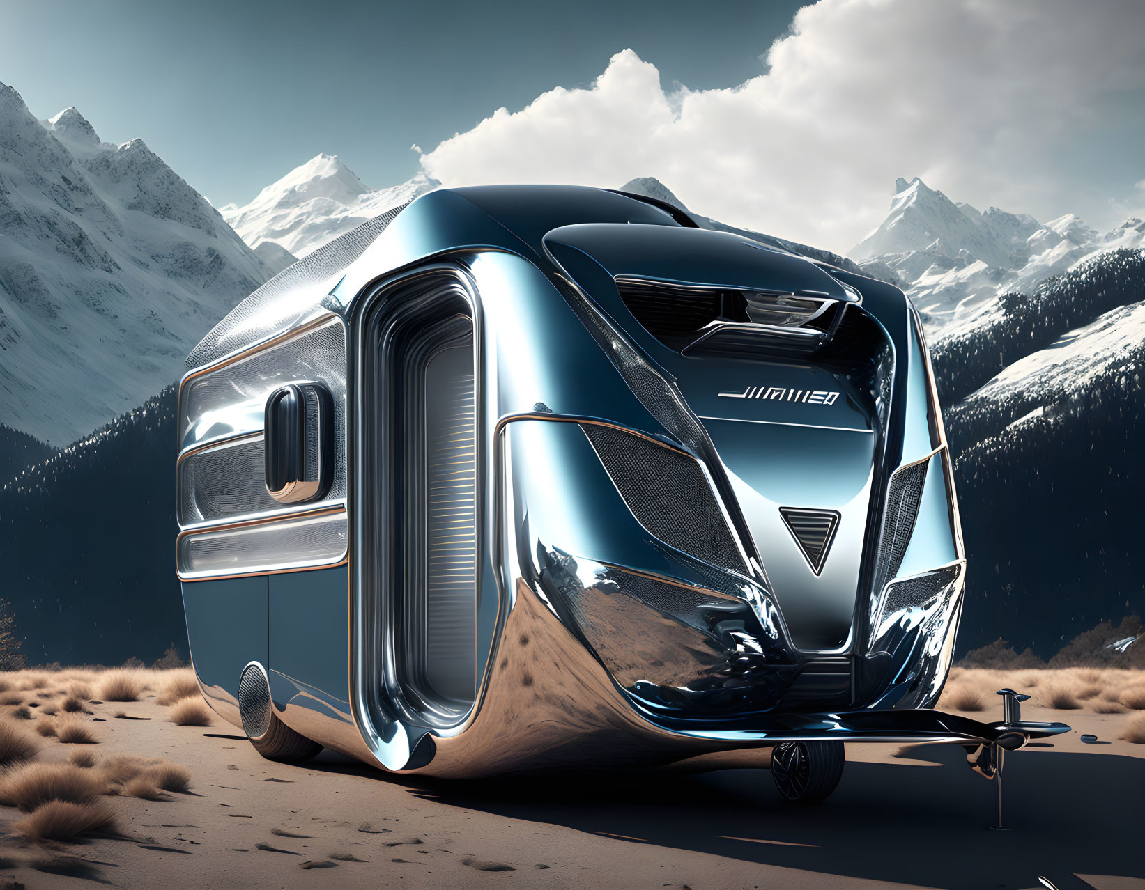 Shiny futuristic vehicle on mountain landscape with snowy peaks