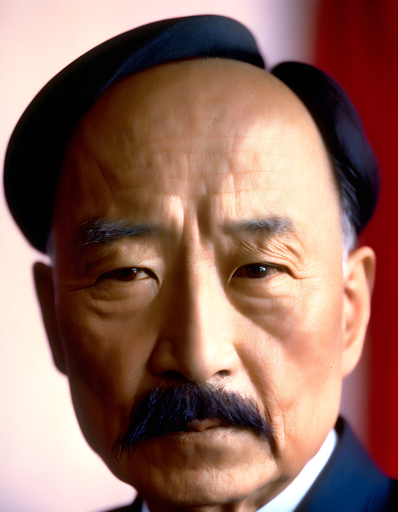 Close-up portrait of man with mustache and flat cap on red background.