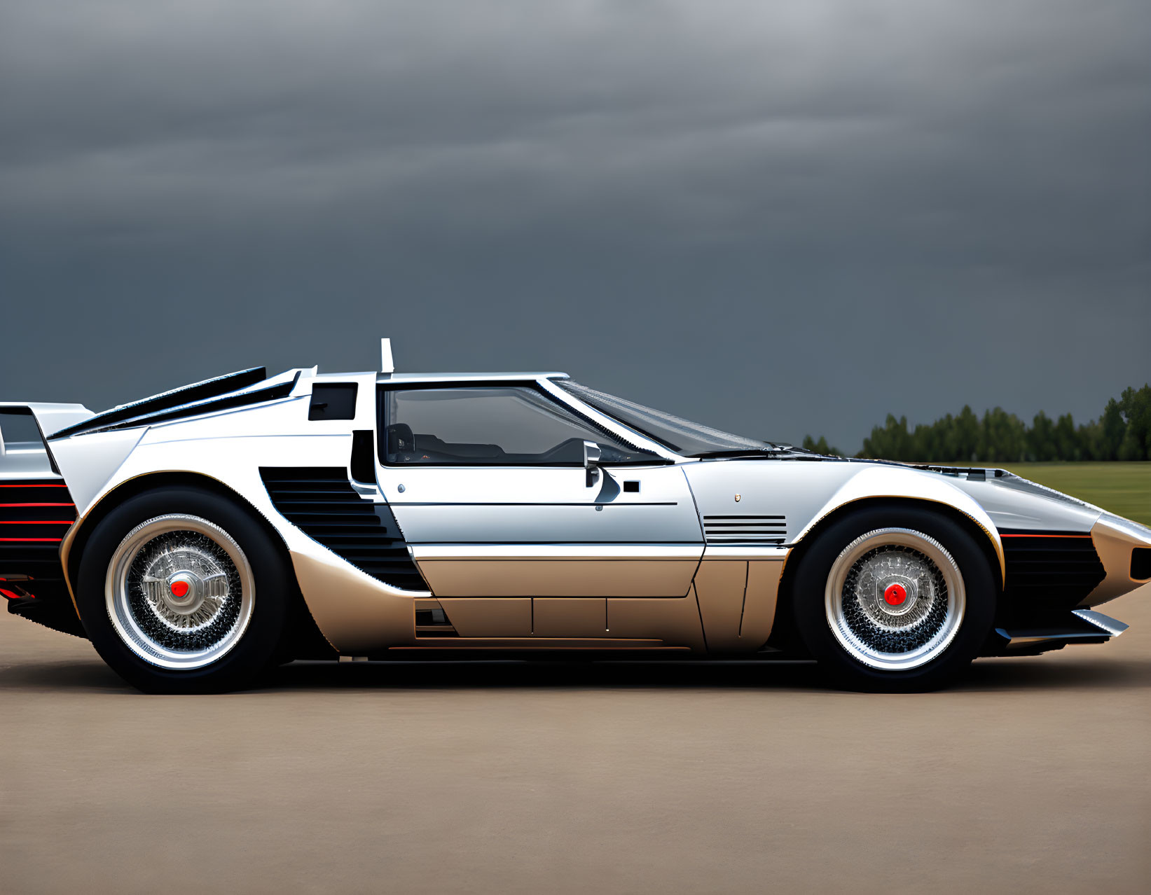 Silver Classic Sports Car with Black and Gold Trim and Red Hubcaps Against Stormy Sky