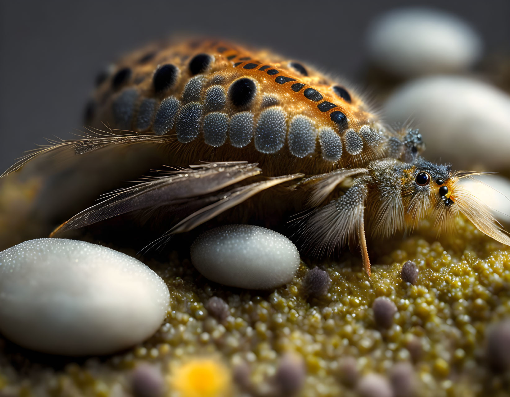 Spider with Patterned Abdomen Among White Eggs on Textured Surface