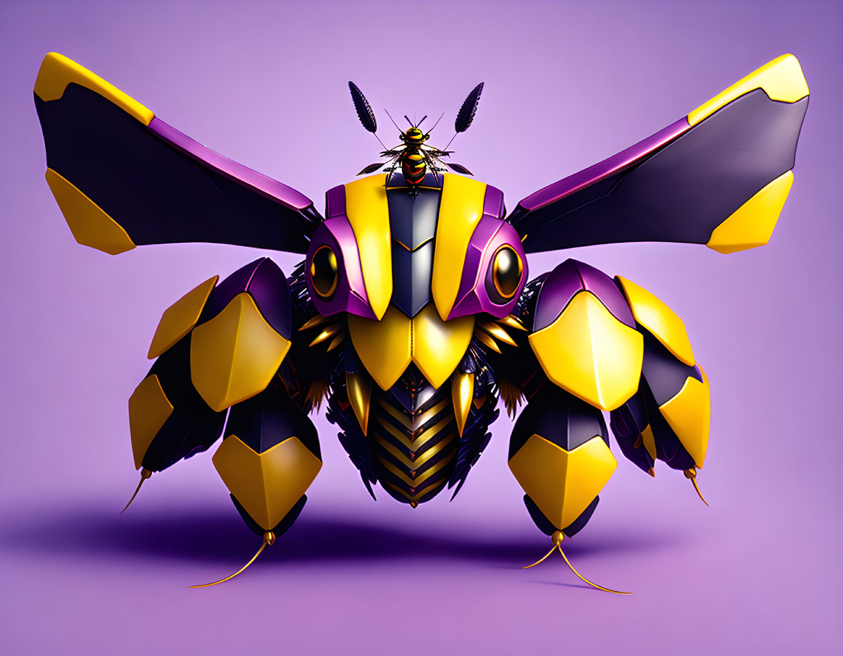 Digital Art: Stylized Robotic Bee in Vibrant Colors on Purple Background