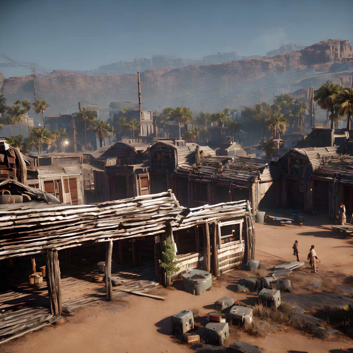 Old Western Town with Wooden Buildings and Pedestrians in Sunlit Setting