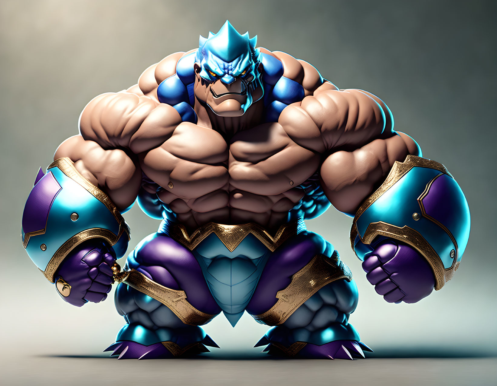 Blue-skinned muscular character in golden belt and purple armor with fierce expression