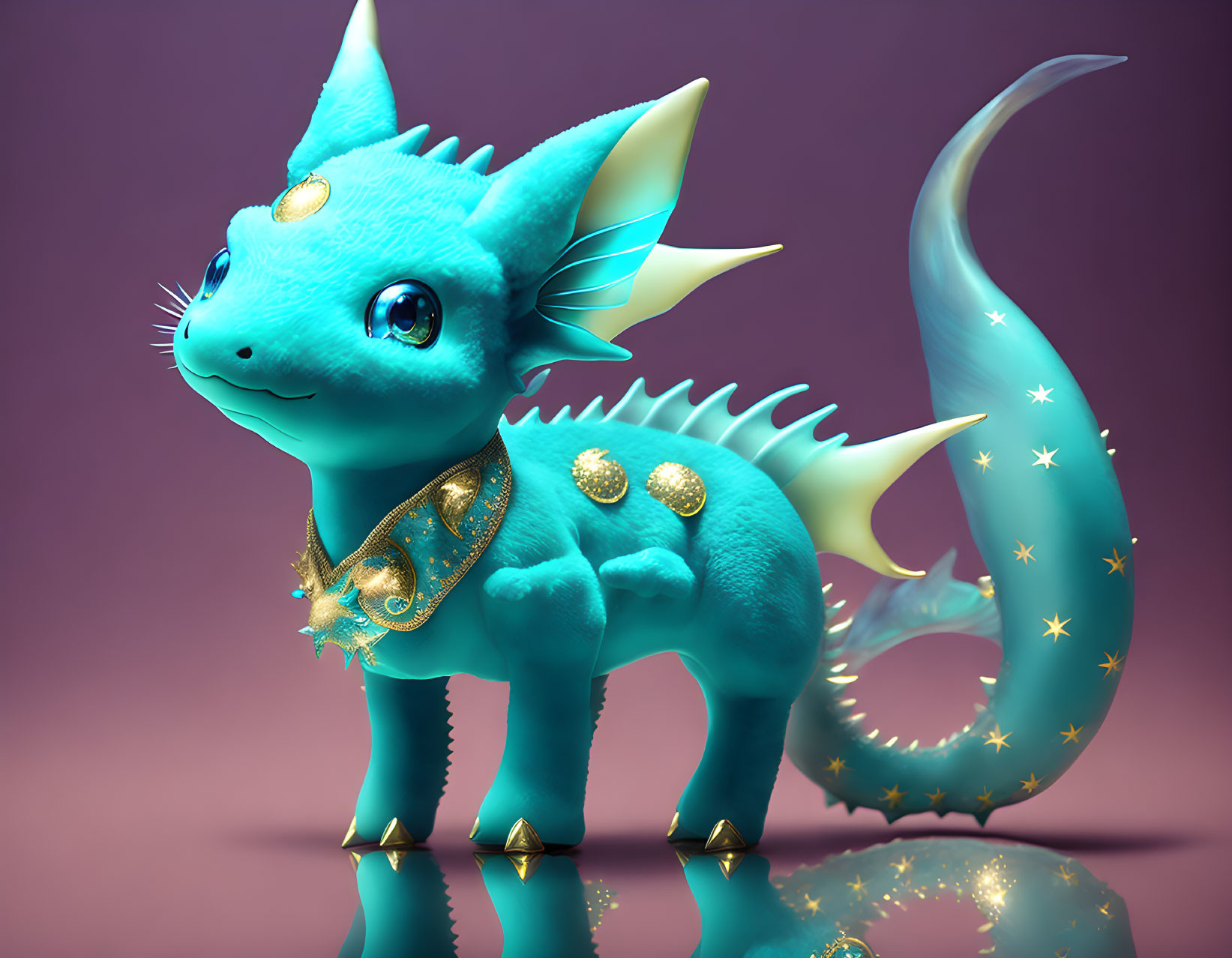 Blue dragon with golden accents and star patterns on purple background