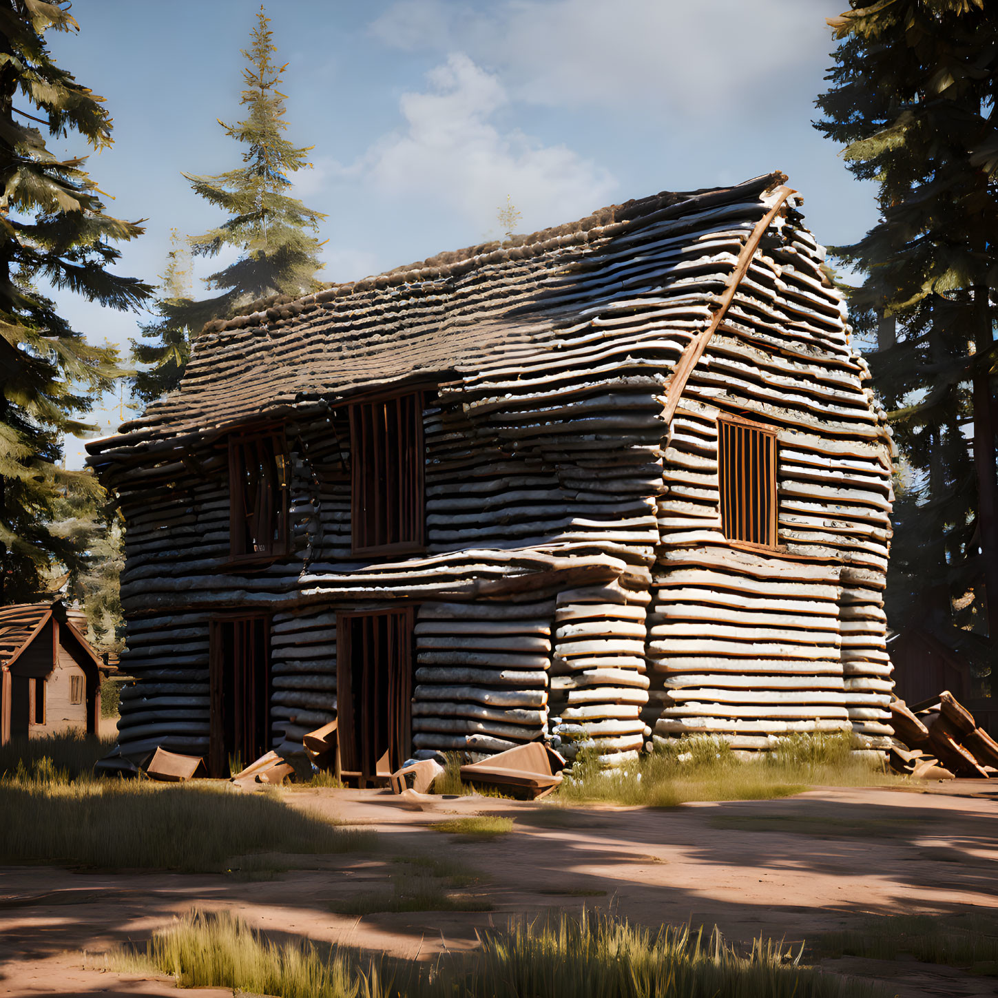 Rustic log cabin in forest with uneven roof and stacked logs