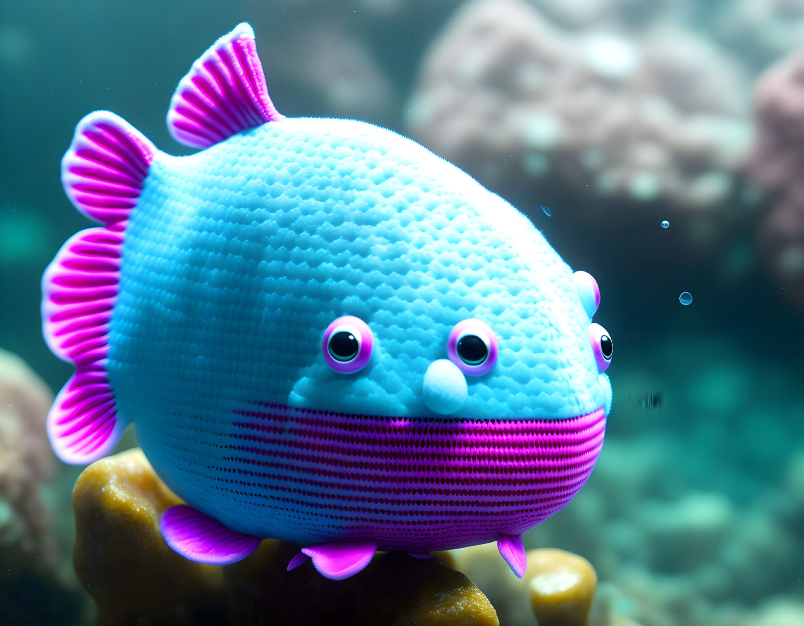 Blue cartoon fish with textured body and pink fins swimming among rocks