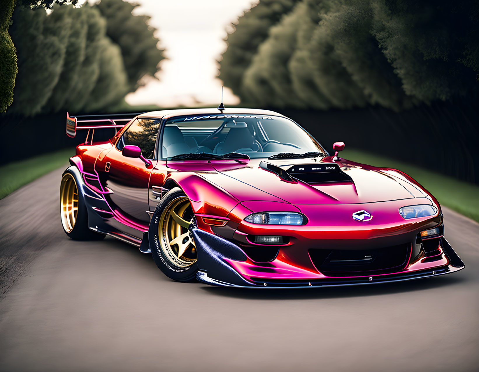 Custom Mazda RX-7 with Pink and Purple Paint, Large Wing, and Gold Rims