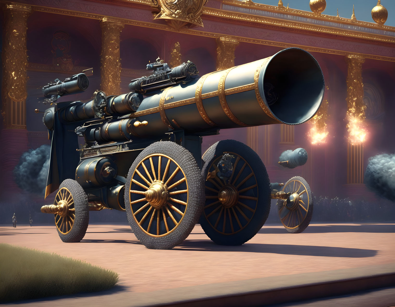 Ornate gold-trimmed cannon firing against palace backdrop