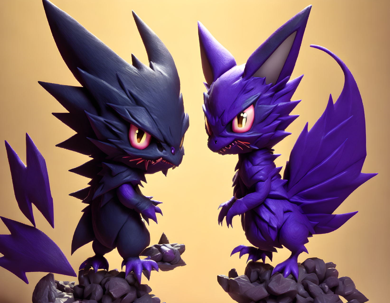 Stylized animated purple creatures with sharp claws in rocky setting