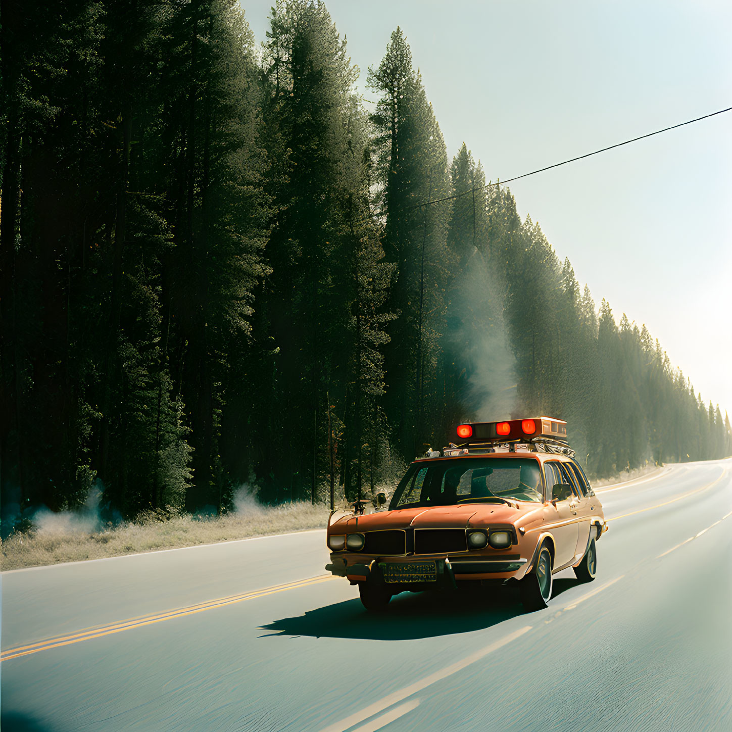 Vintage Police Car Speeding Through Misty Forest Road