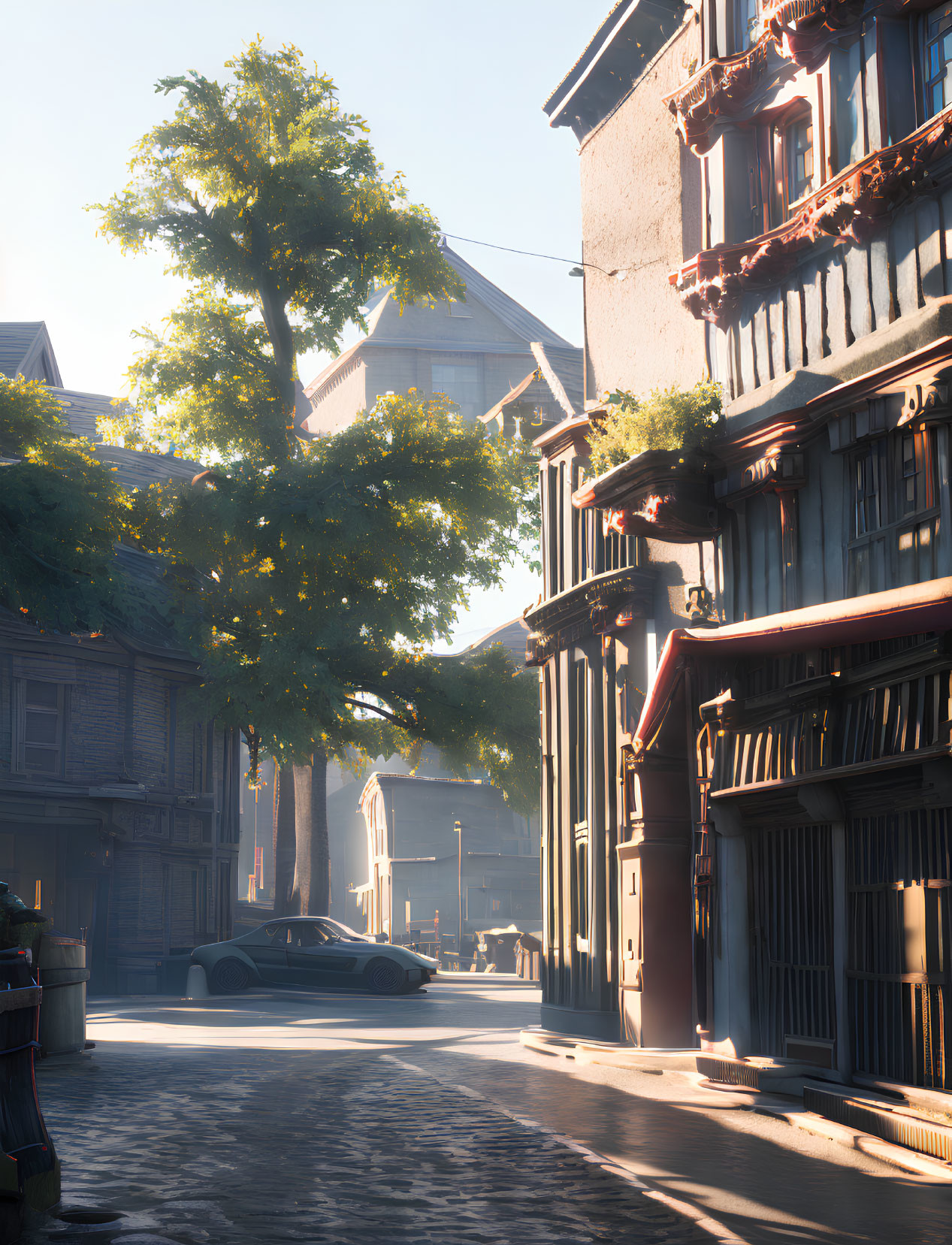 Historic urban street scene with trees, buildings, cars, and pedestrian