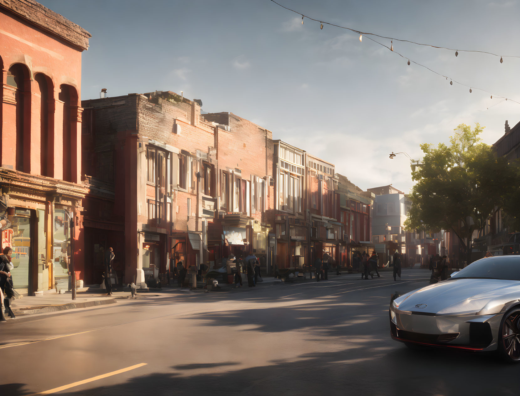 Modern car parked on sunlit street with pedestrians and vintage buildings.