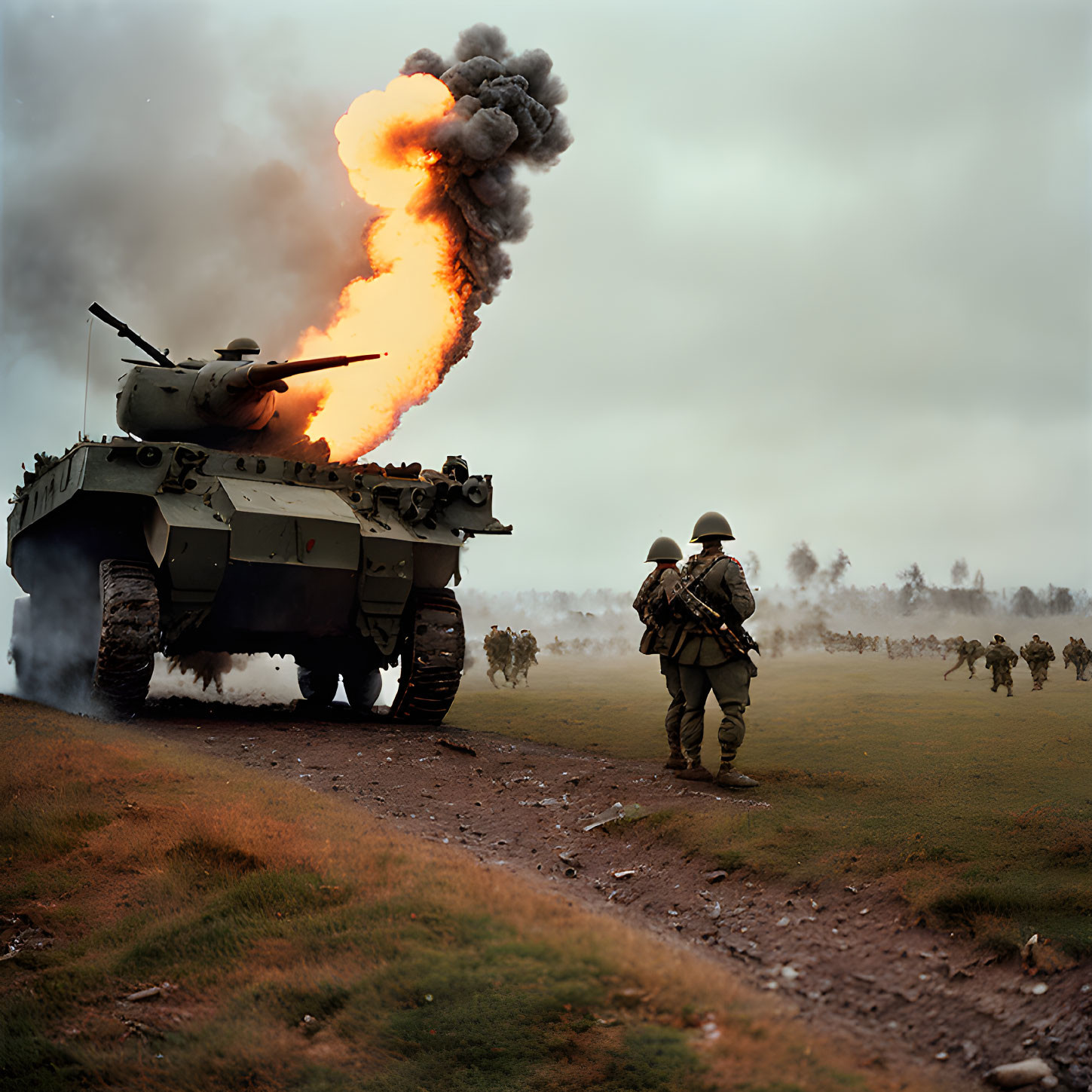 Tank firing amidst advancing soldiers in smoke and flames.