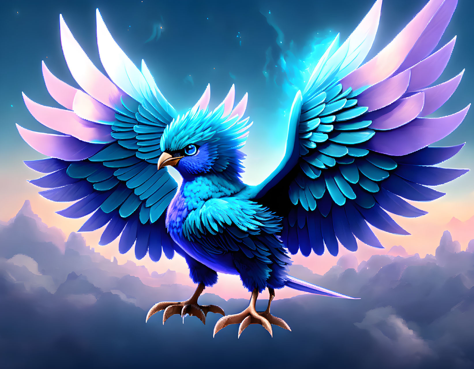 Blue bird with luminous wings against dramatic cloudy sky