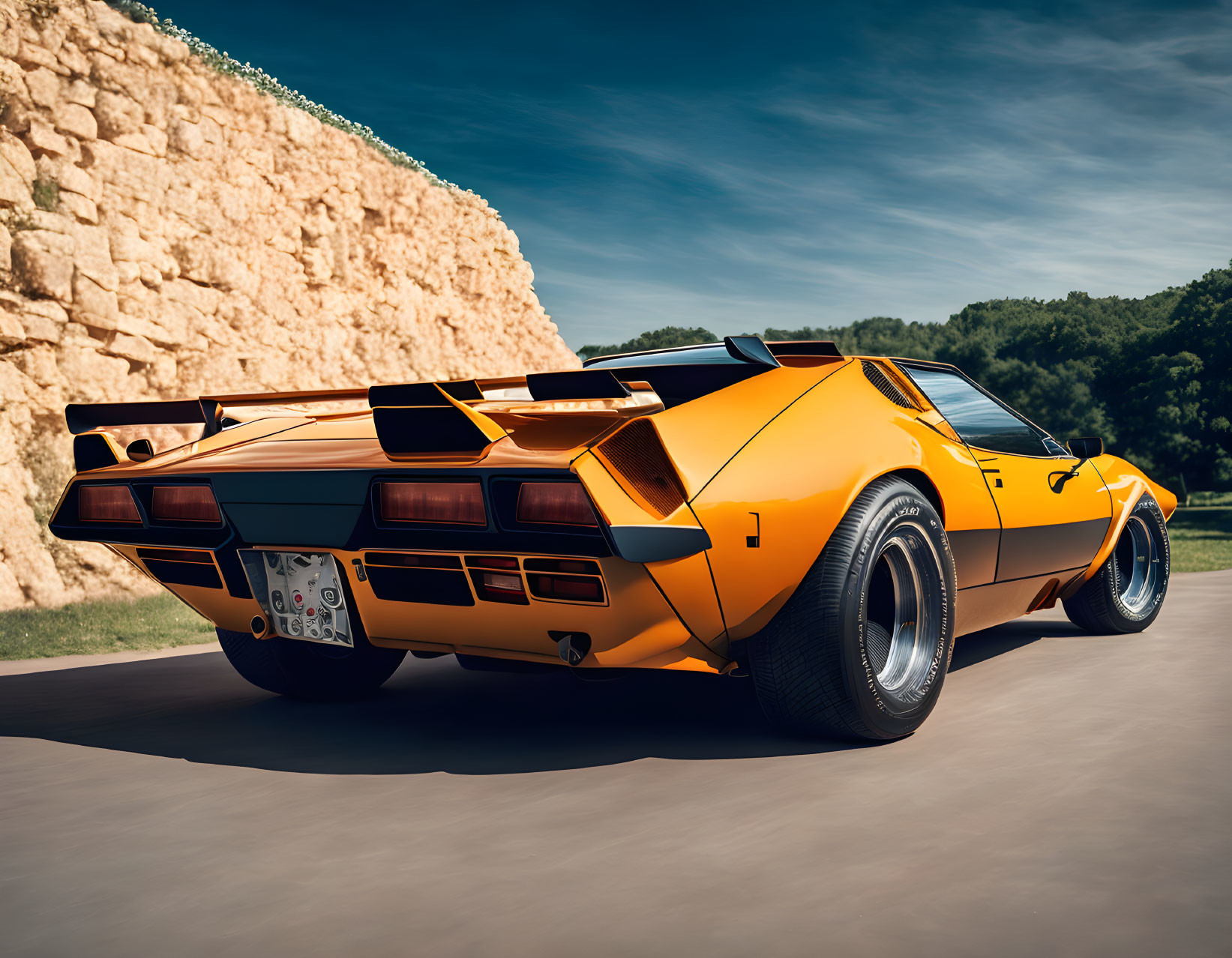 Vintage Orange Sports Car with Wedge Shape and Rear Spoiler Parked Outdoors