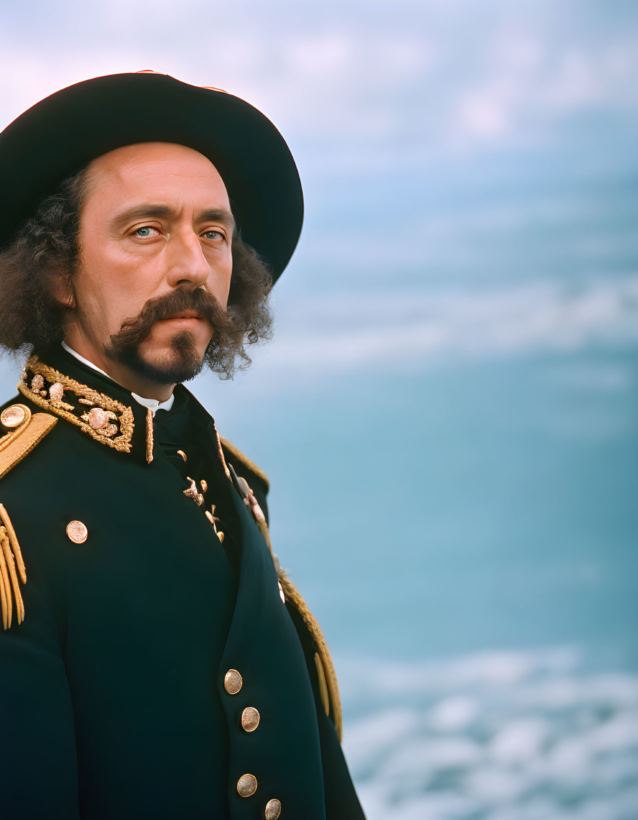 Historical military uniform with golden epaulettes and impressive mustache on cloudy sky background