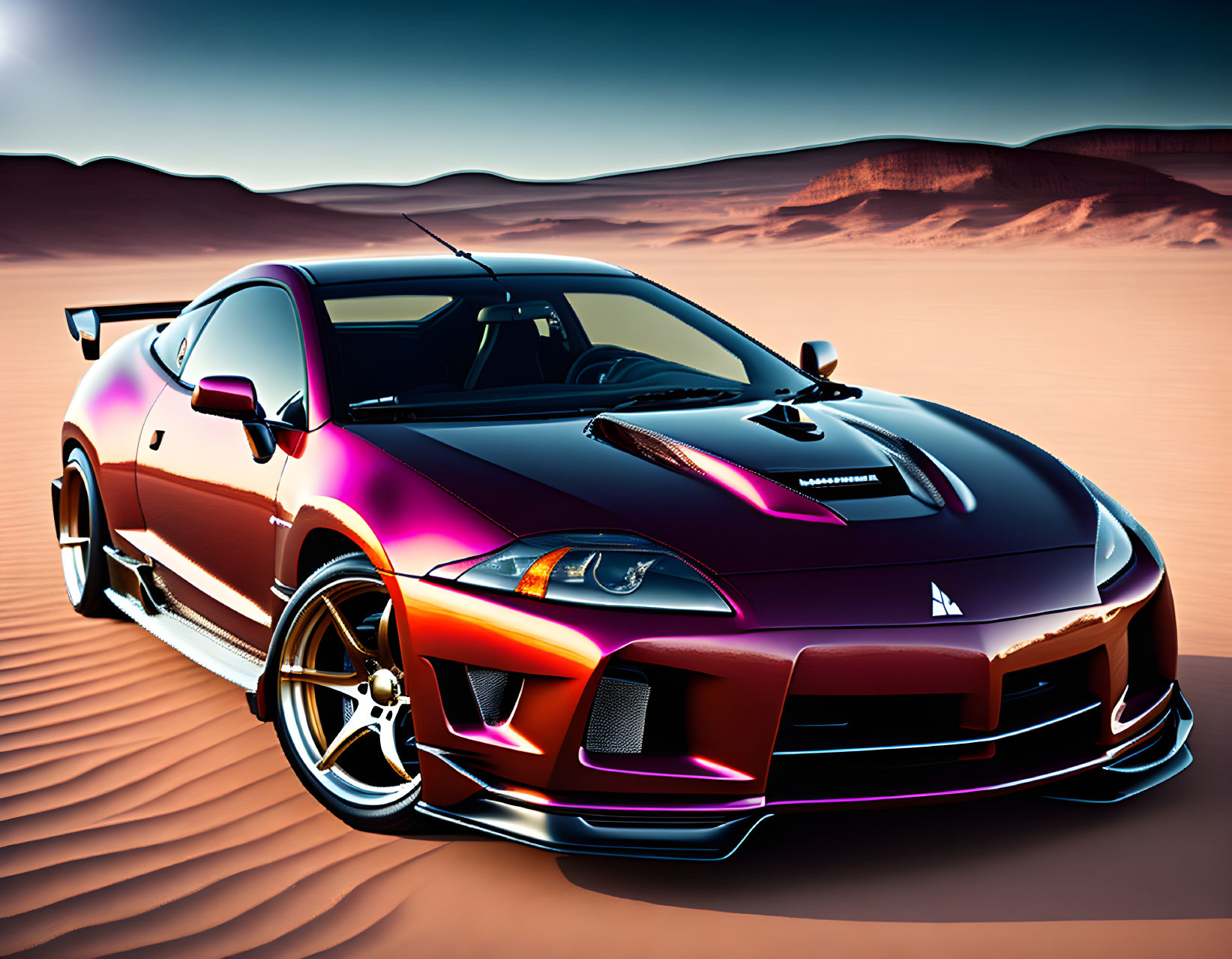 Iridescent Purple Sports Car with Gold Rims on Sand Dunes at Sunset