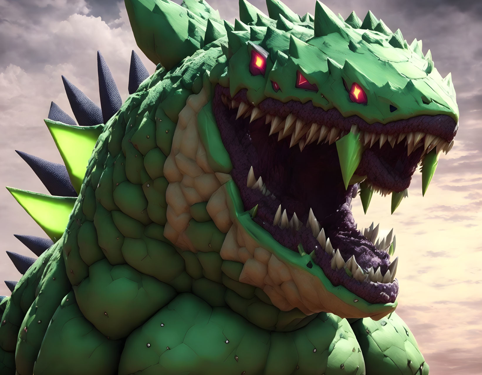 Menacing Green Dragon Close-Up Under Cloudy Sky