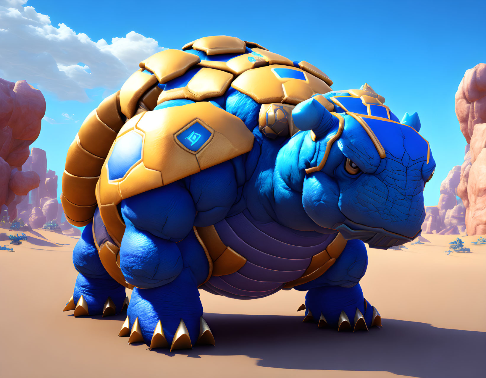 Colorful Stylized Blue Armored Tortoise in Desert Landscape