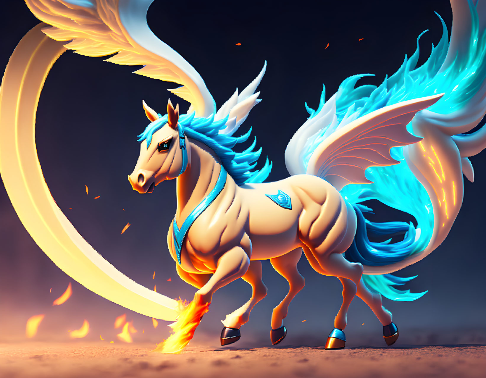 Animated horse with fiery hooves and blue flame-like mane in front of golden ring at dusk