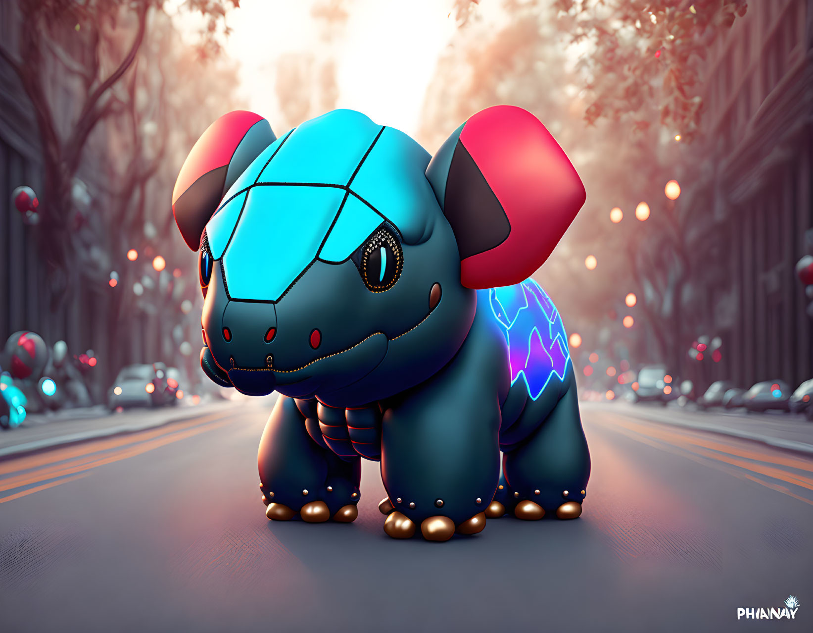 Blue and red creature resembling Pokemon on city street with magical ambiance.