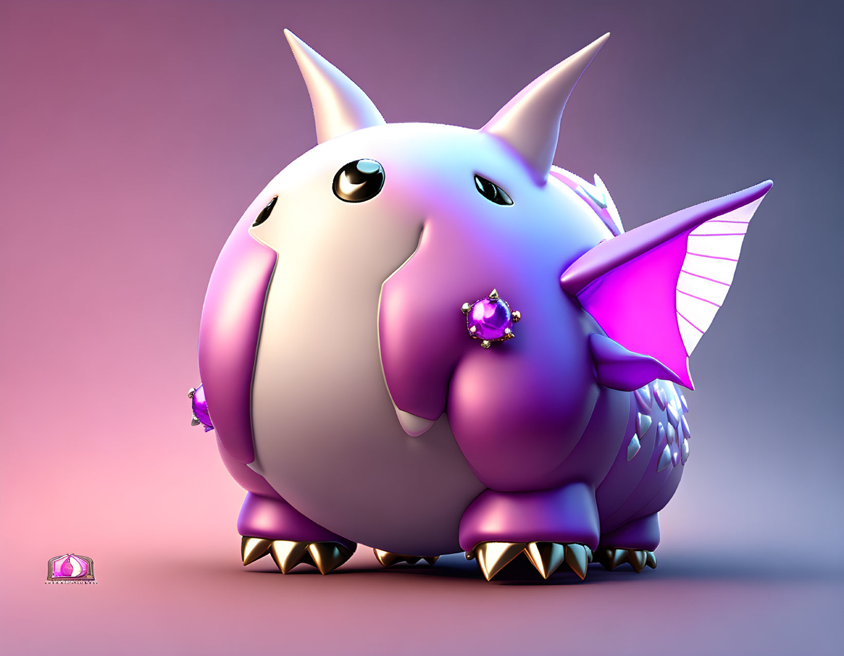 Purple Winged Creature with Large Horns and Jewel on Belly on Pastel Background