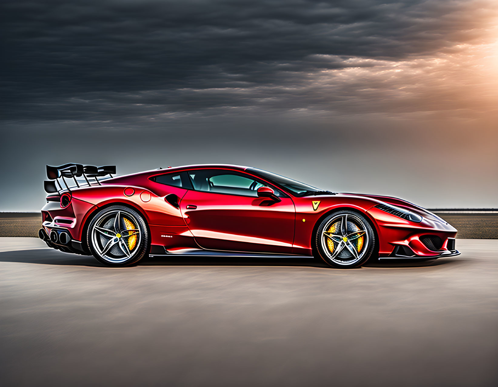 Red sports car with racing liveries and large rear wing under dramatic sunset sky