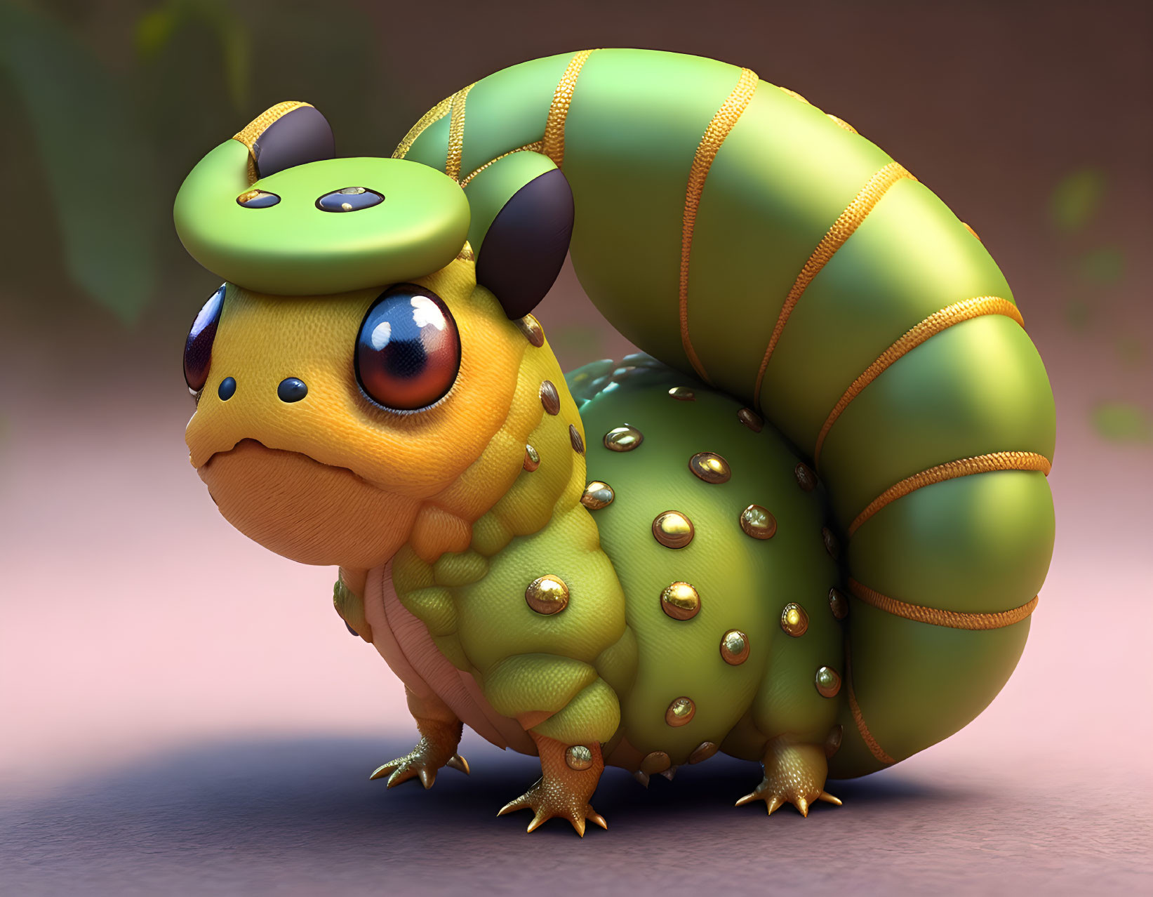 Colorful 3D Caterpillar Character with Expressive Eyes and Gold-like Bulbs