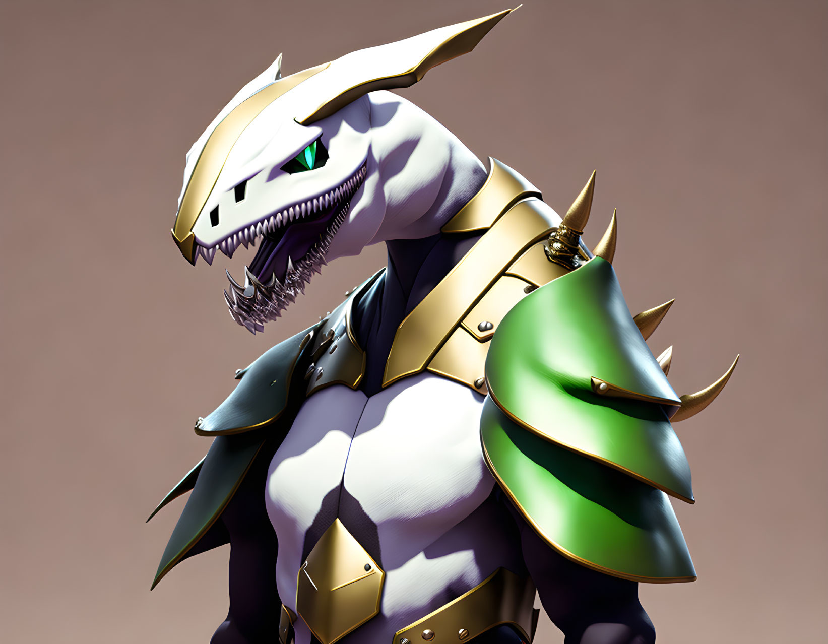 Anthropomorphic Dragon-Like Creature in Green and Gold Armor