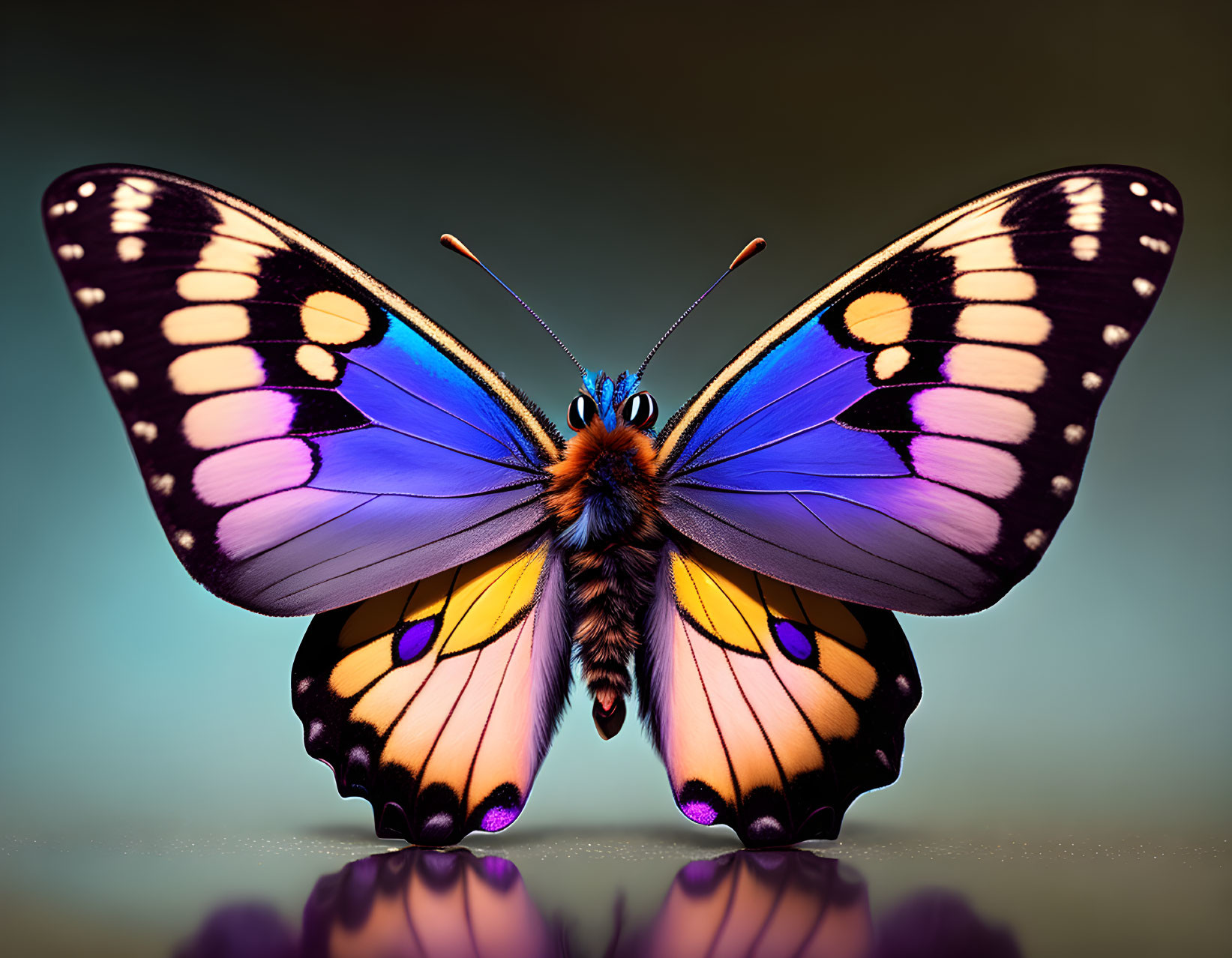 Colorful Butterfly with Spread Wings and Reflection on Gradient Background