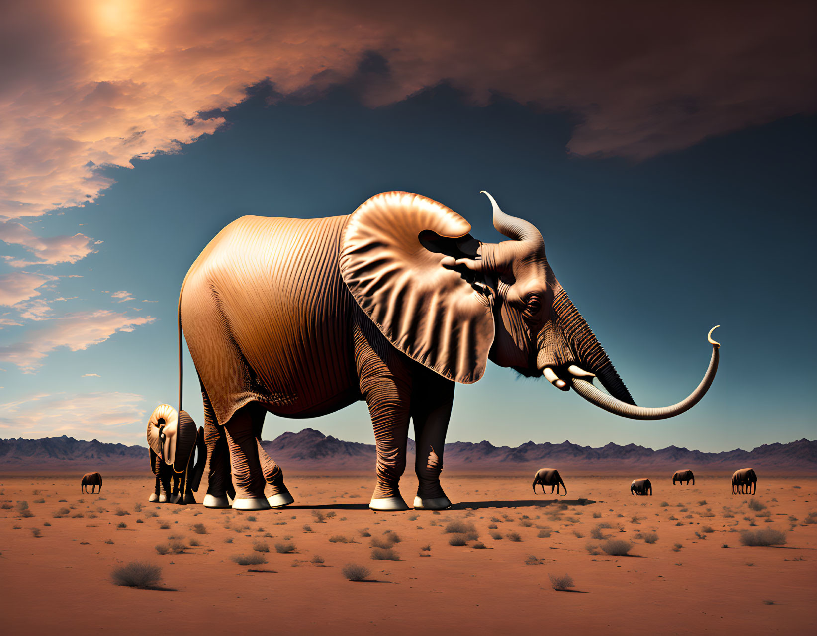 Elephants with Prominent Tusks in Desert Landscape