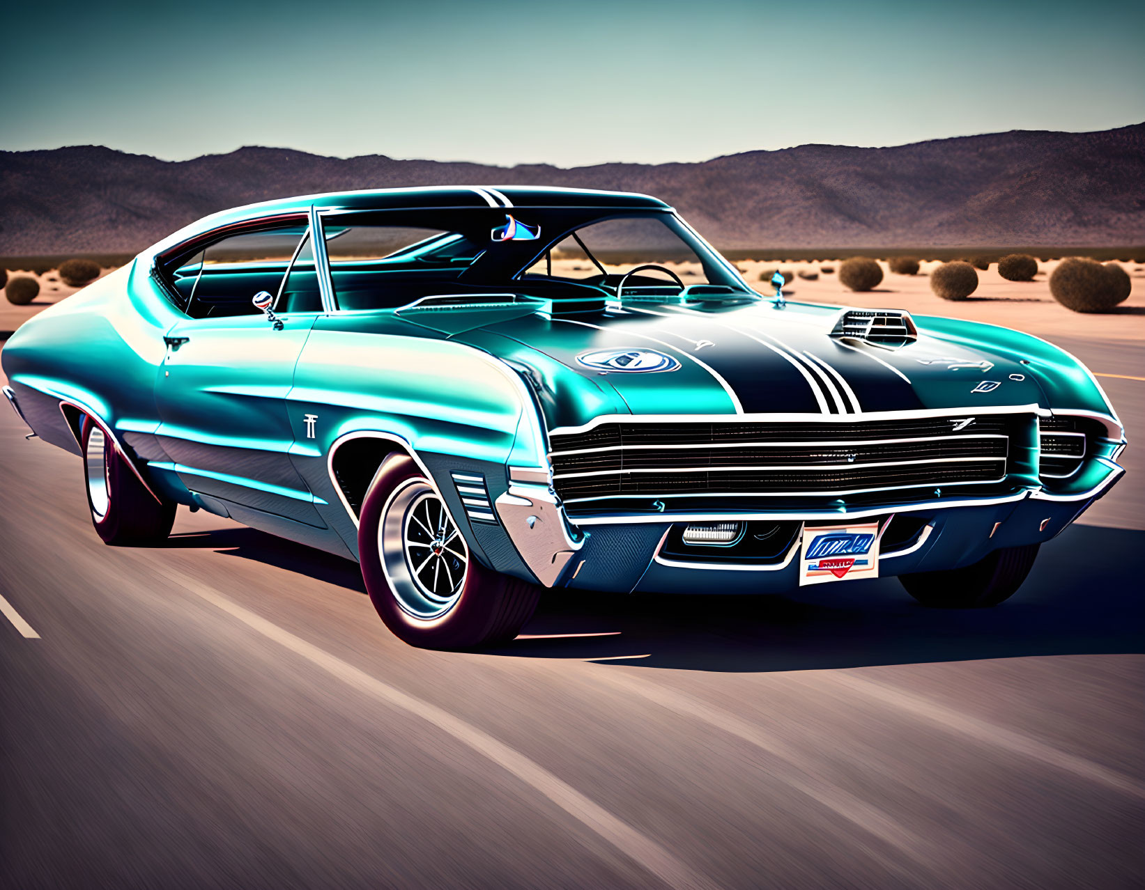 Shiny turquoise classic car with black racing stripes on desert road