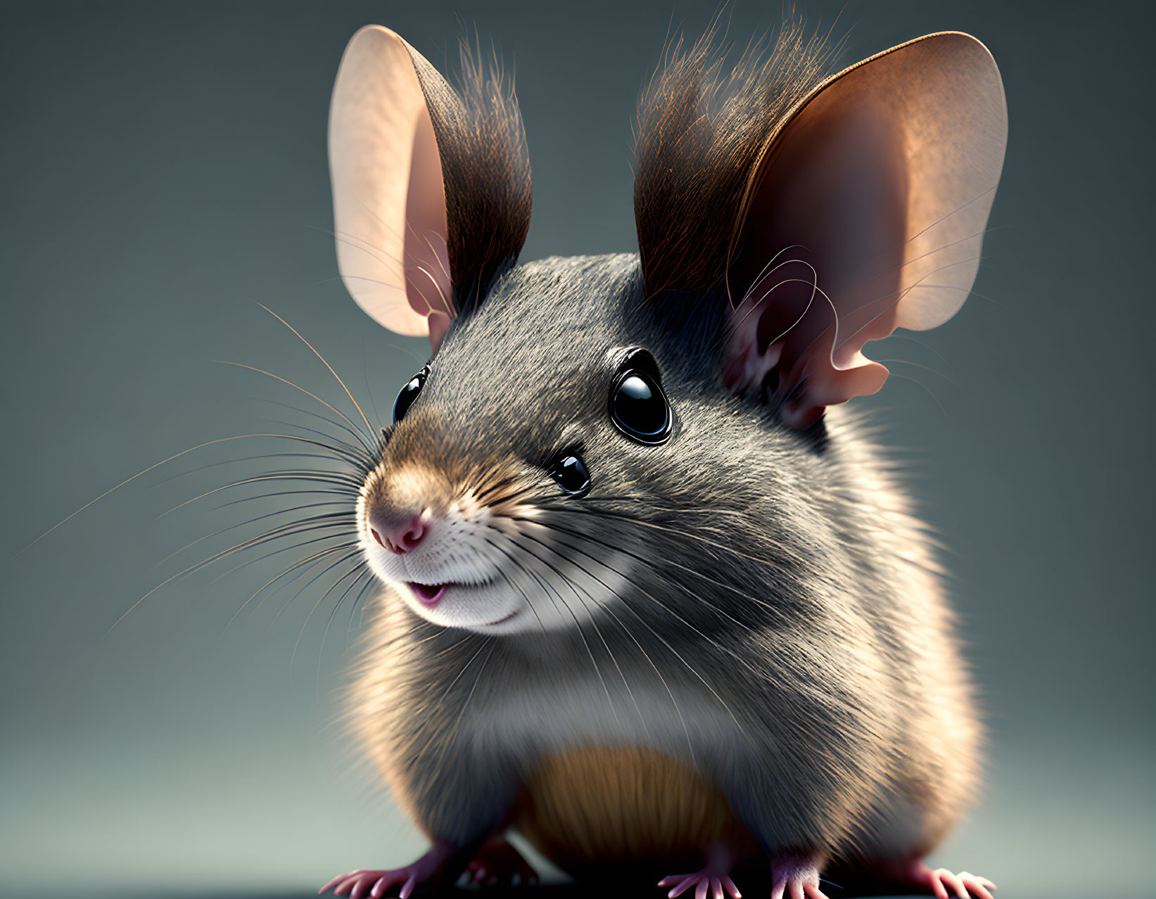 Anthropomorphic mouse digital illustration with large eyes and oversized ears on grey background