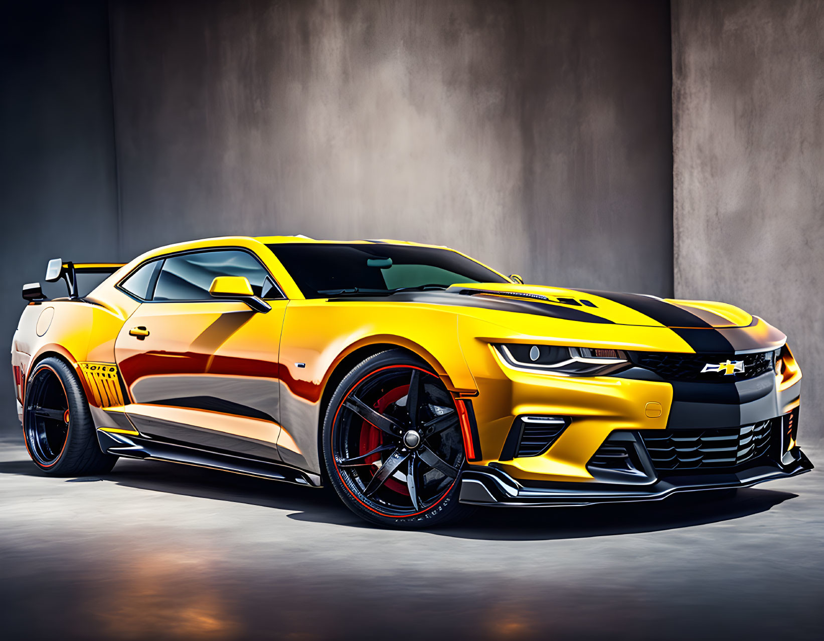 Custom Yellow and Black Chevrolet Camaro with Racing Stripes and Red-Trims