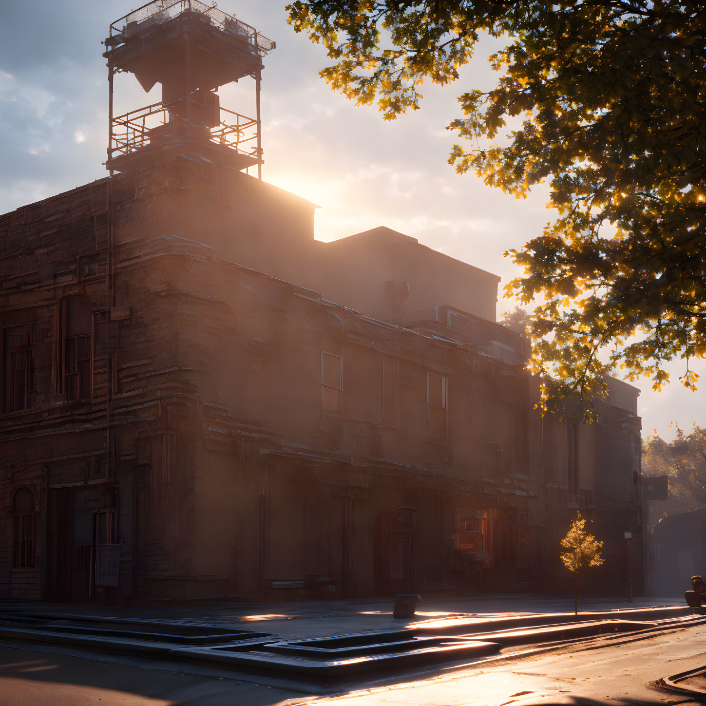 Sunrise illuminates old building with watchtower and lone tree on deserted street