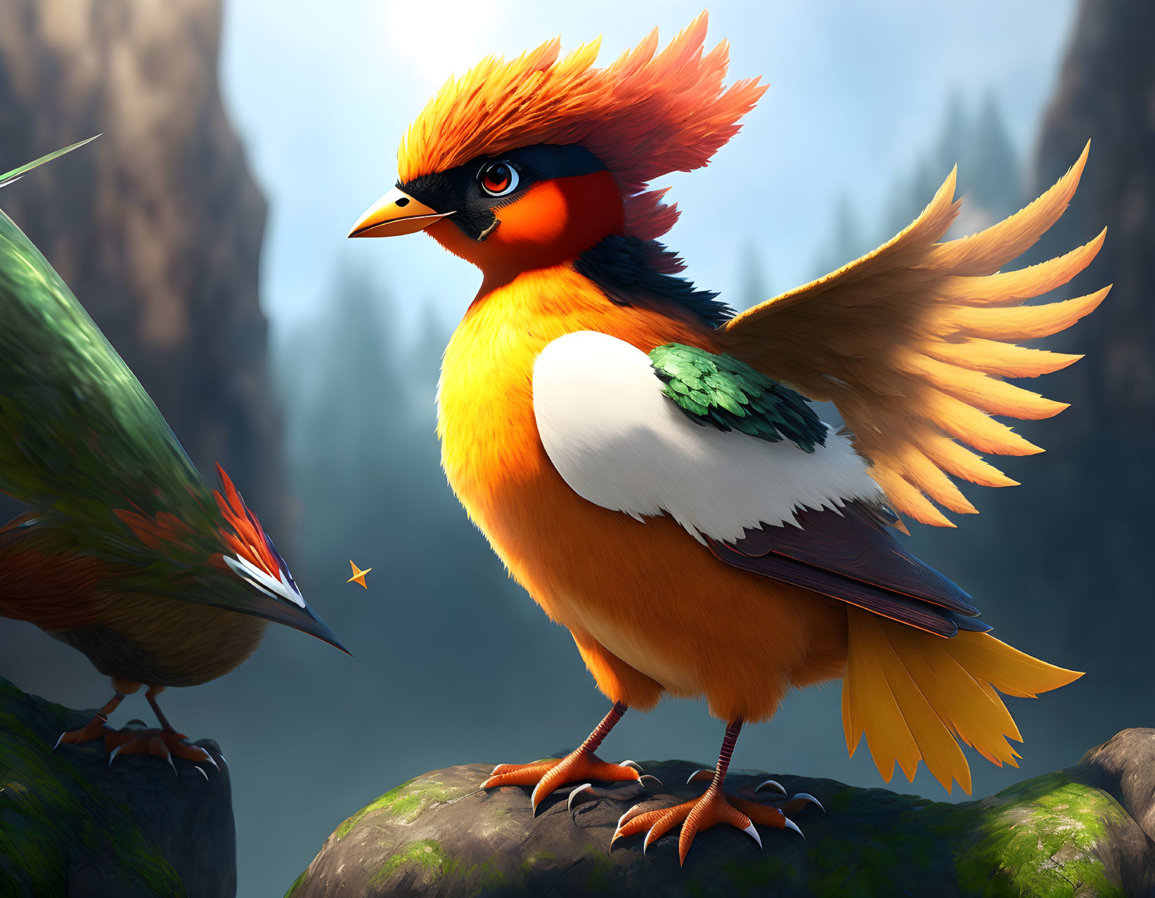 Vibrant orange feathered bird with large tuft of feathers on head perched on rocks