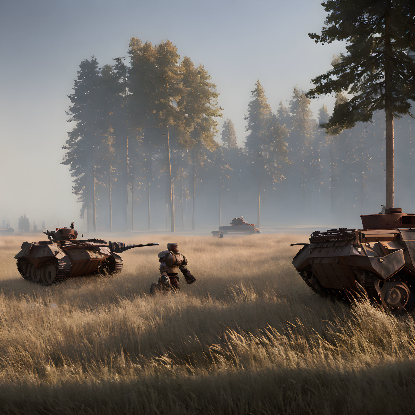 Military Scene with Soldiers and Armored Vehicles Advancing in Golden Field