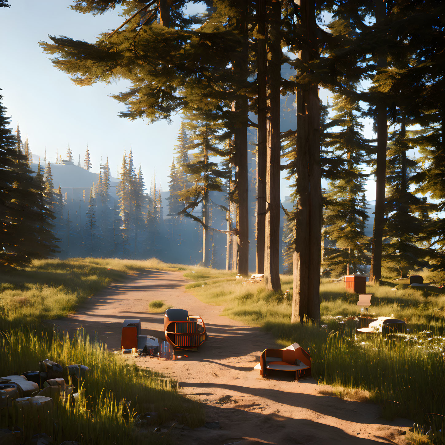 Tranquil Forest Scene with Dirt Path and Pine Trees