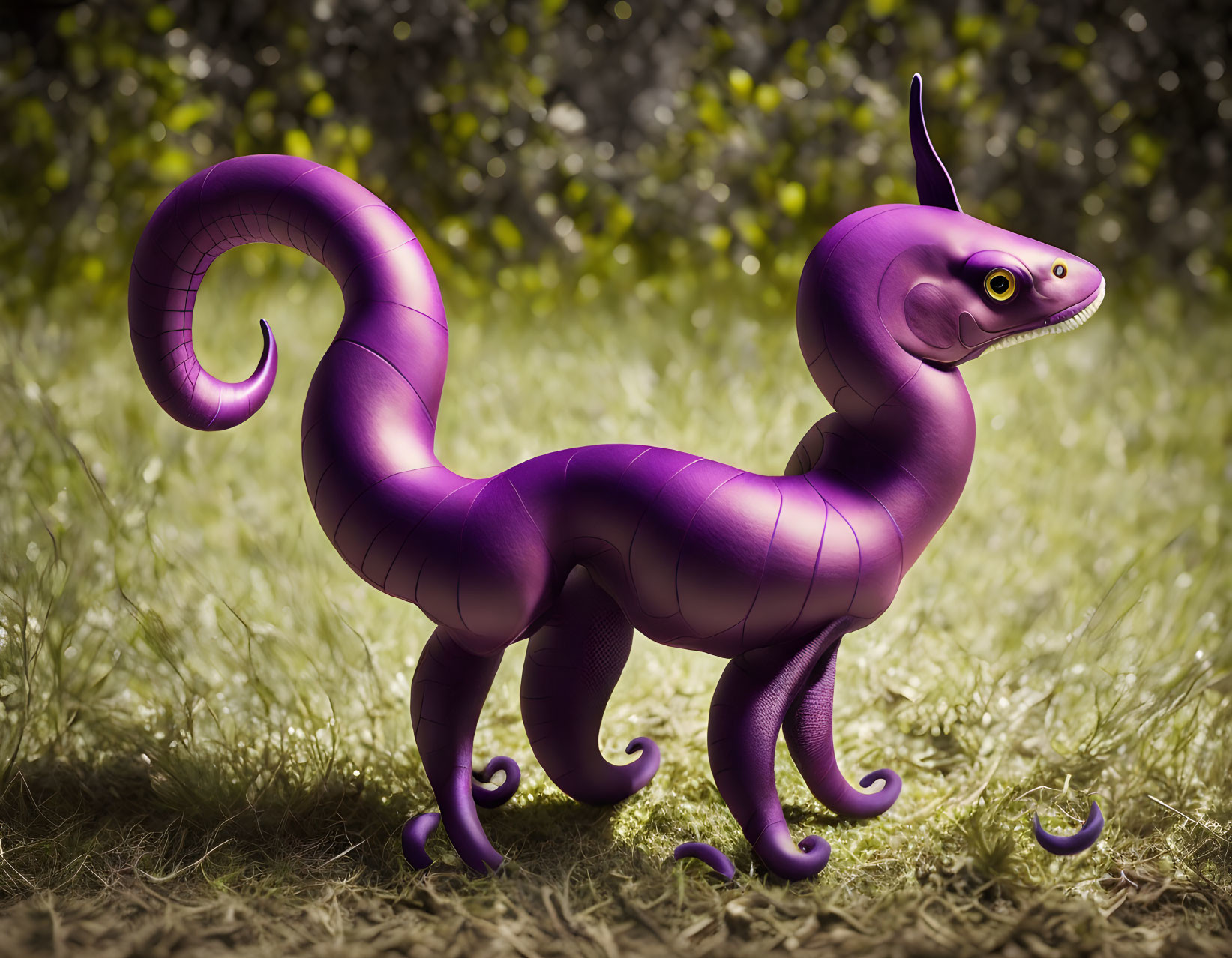 Purple cat-chameleon hybrid creature with long tail in grassy setting