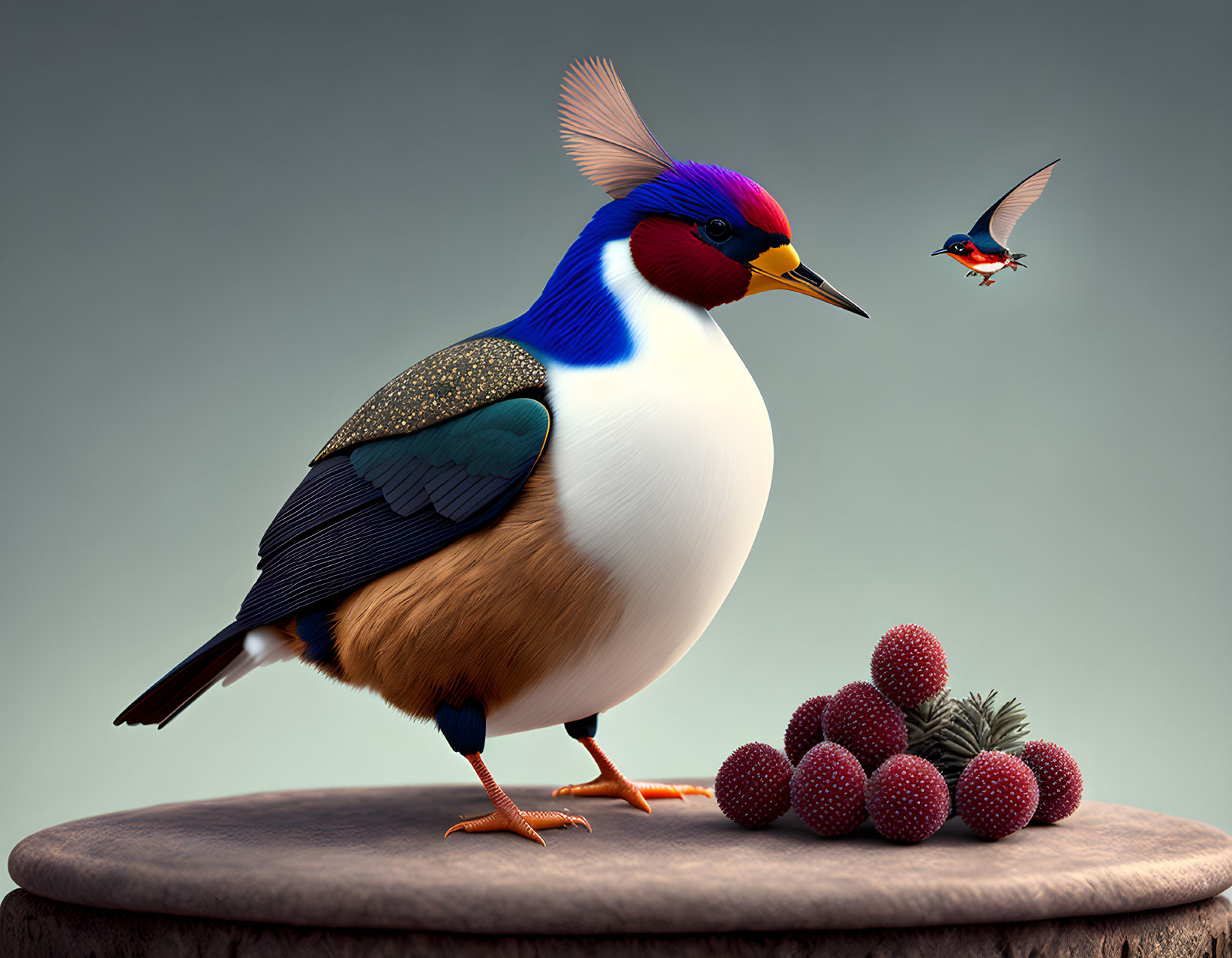 Colorful stylized bird with ornate feathers near red fruits, small bird flying.