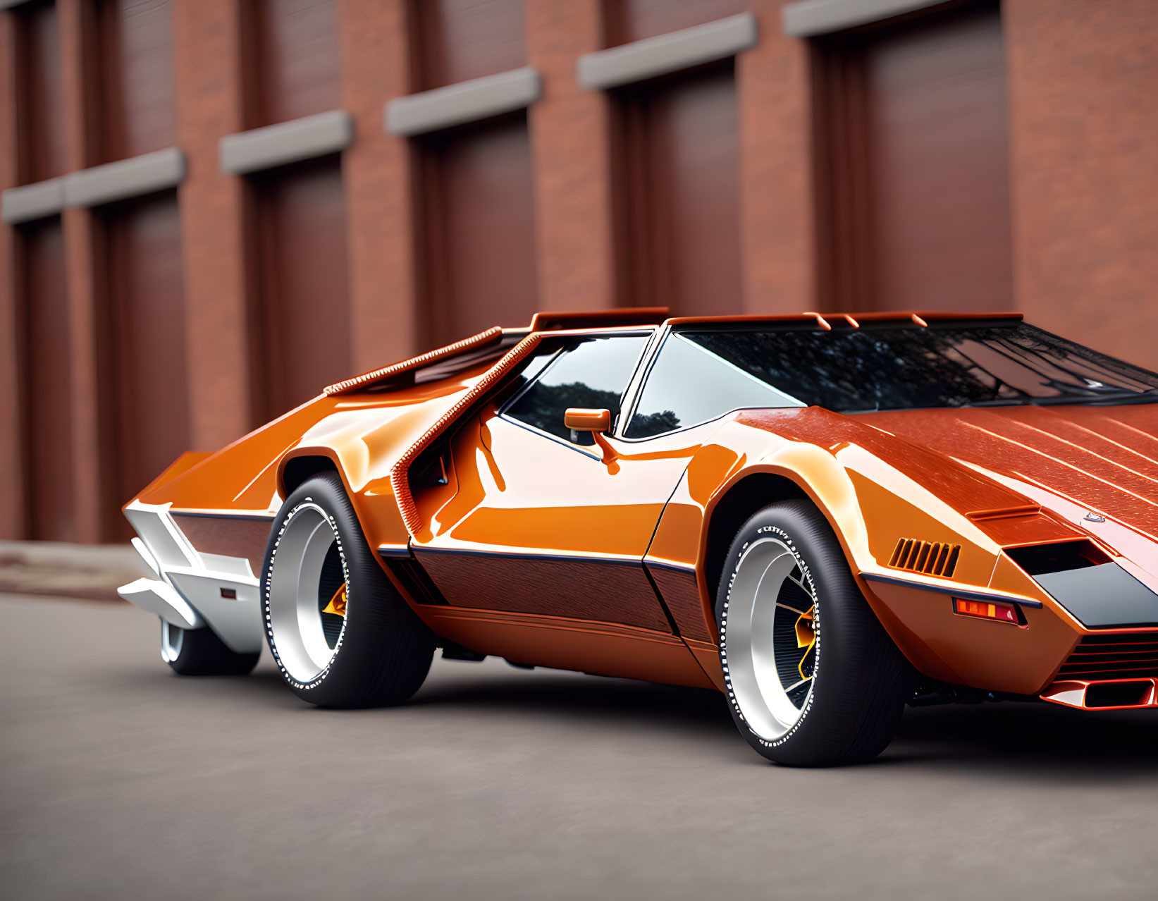 Vintage orange sports car with wedge design and white-walled tires parked in front of brown brick building