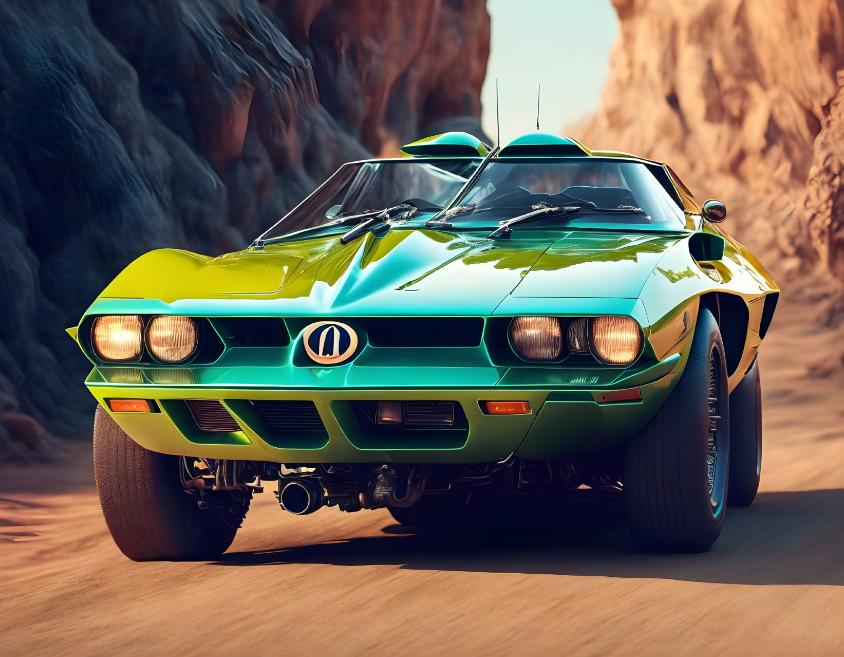 Vintage Green and Black Sports Car on Desert Road