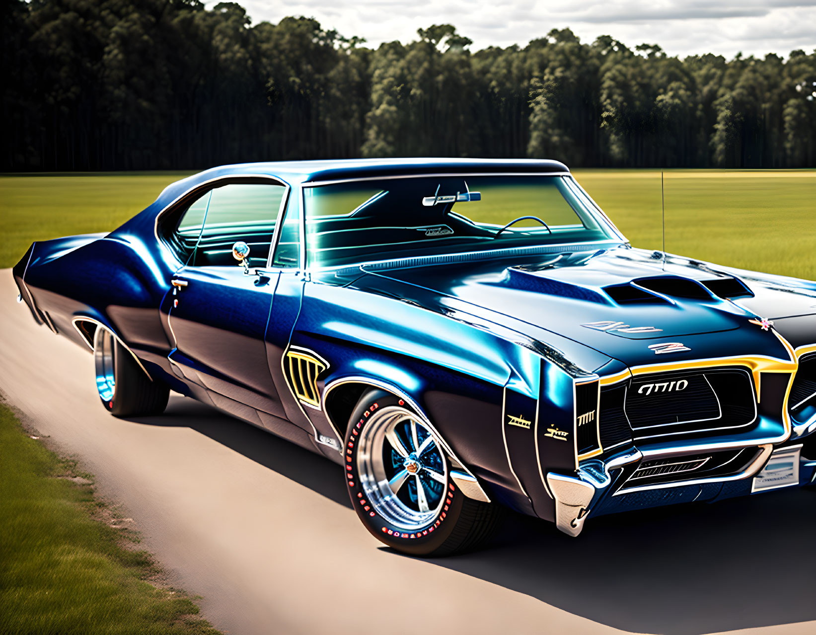 Shiny Blue Classic Muscle Car with White Stripes and Chrome Detailing