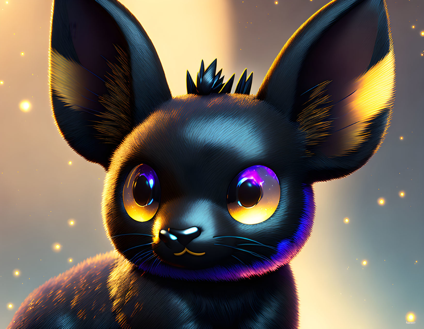 Stylized creature with purple eyes and oversized ears on warm backdrop